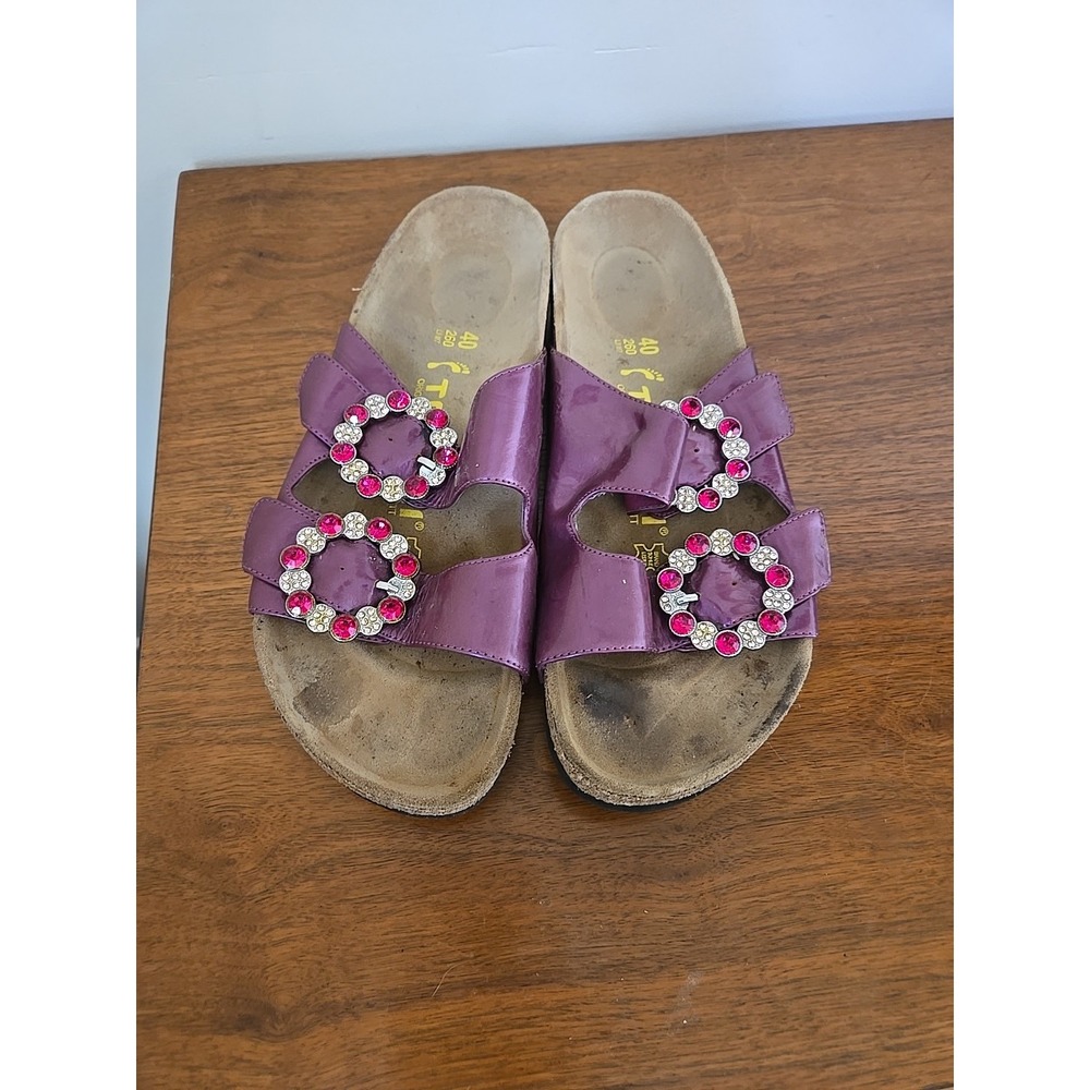 Tatami Birkenstock Sandals Womens 40 Narrow Purple Leather Rhinestone Slide